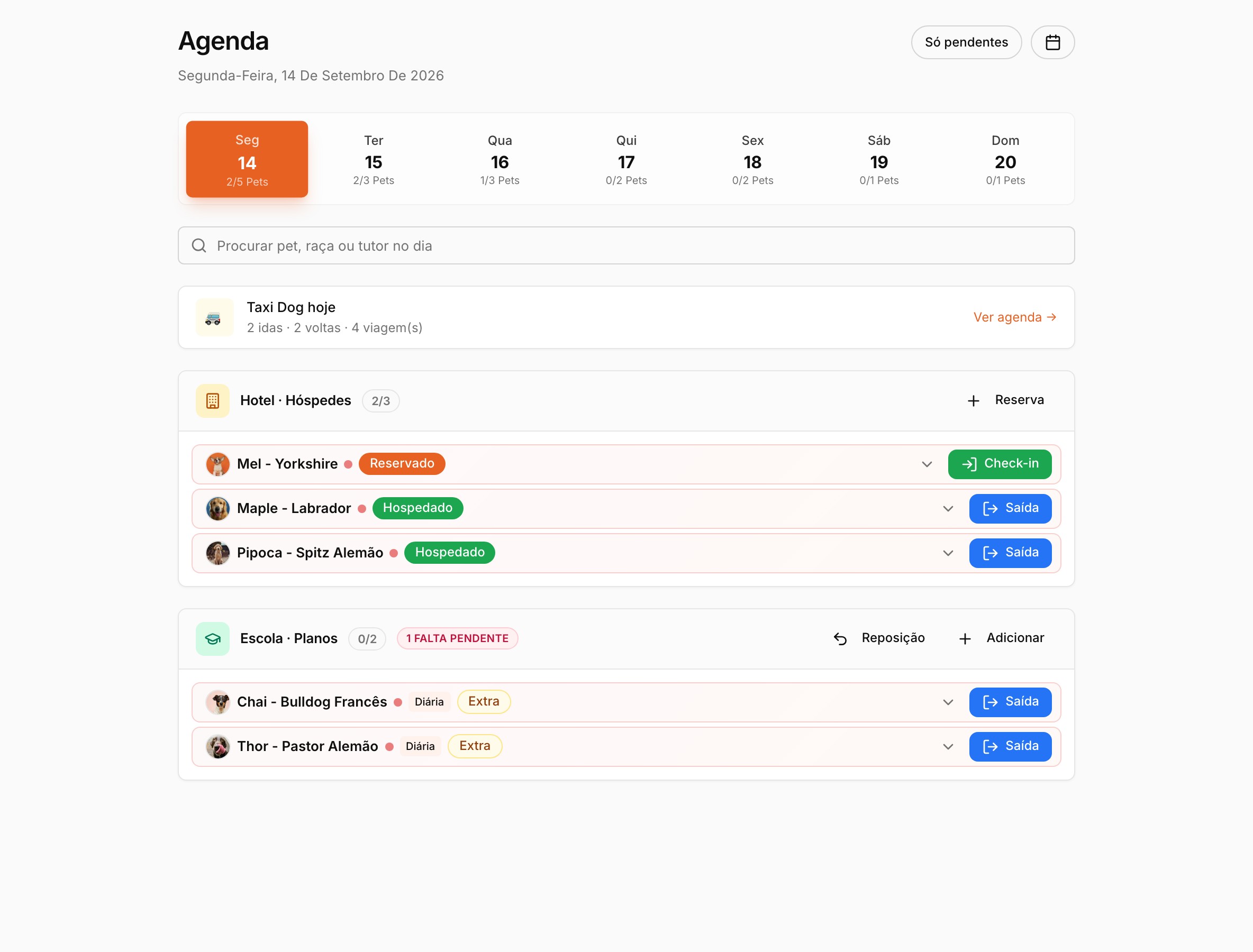 Agenda do dia com hóspedes e alunos