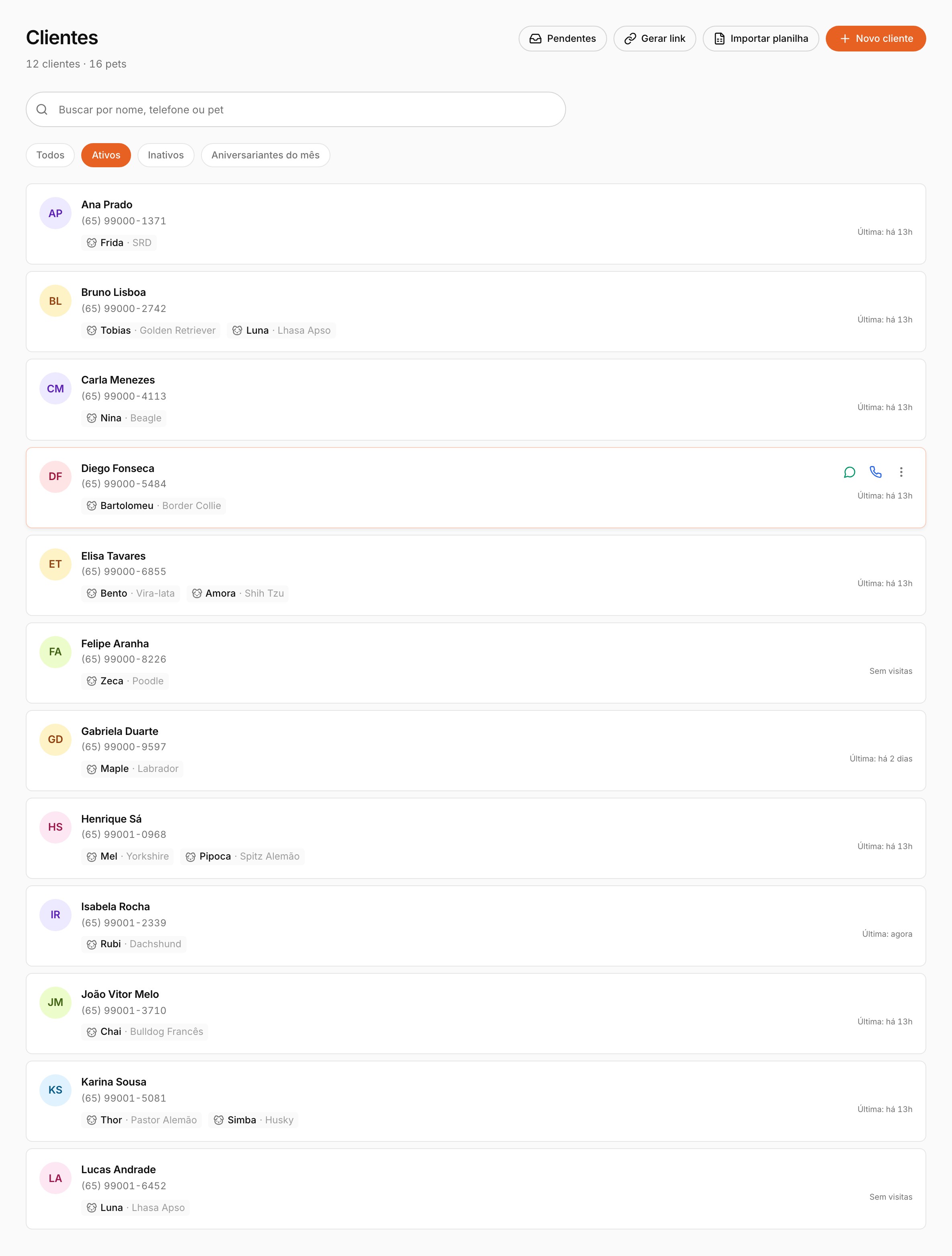 Lista de clientes com pets